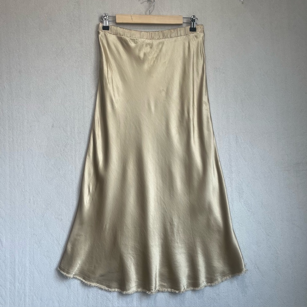 NWT National Ltd Mable Gold Satin Midi Skirt Sz M Bias Cut Elastic Waistband - Picture 14 of 16